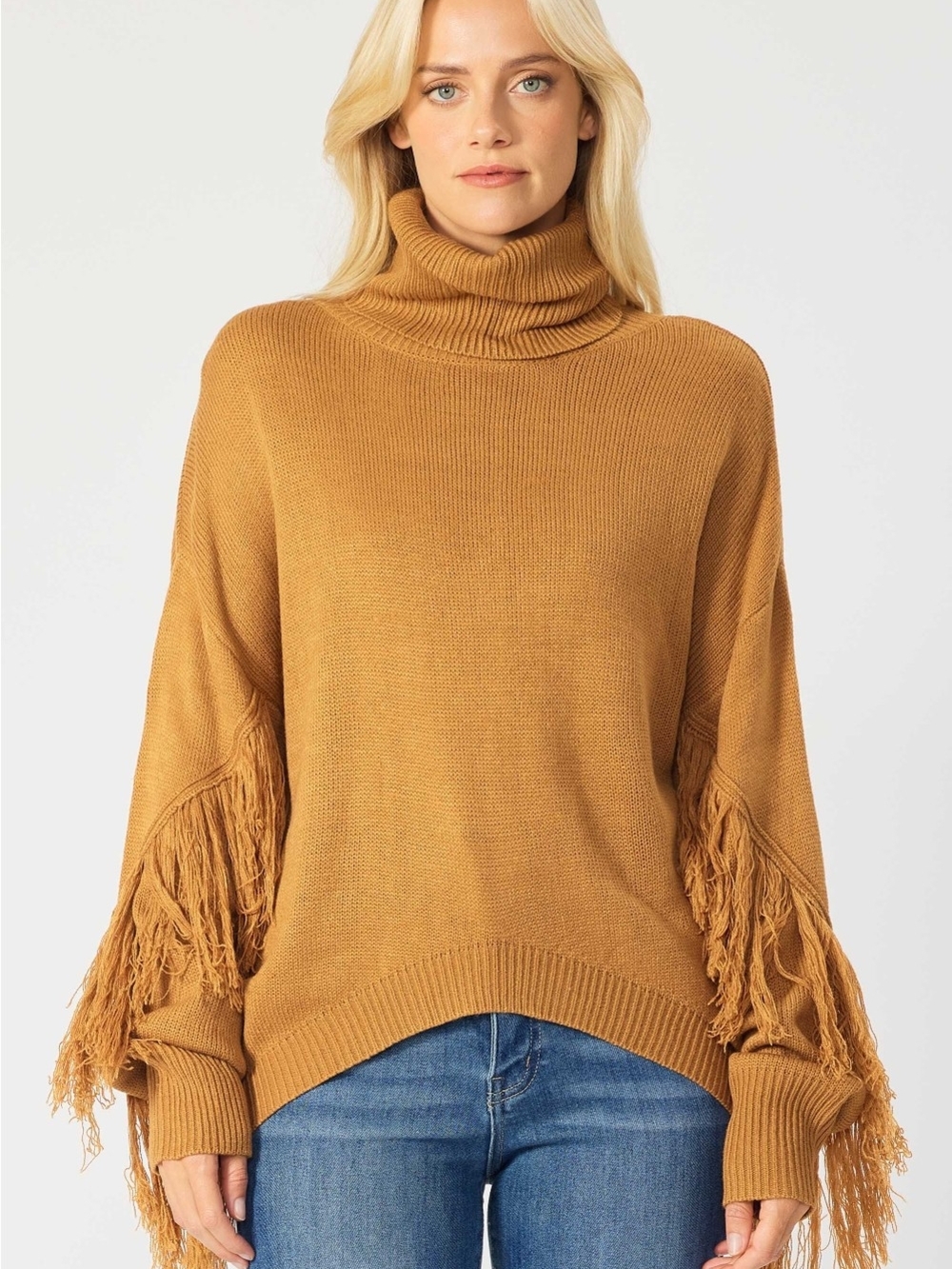 Fringe Sleeve Turtleneck High-Low Sweater in Mustard